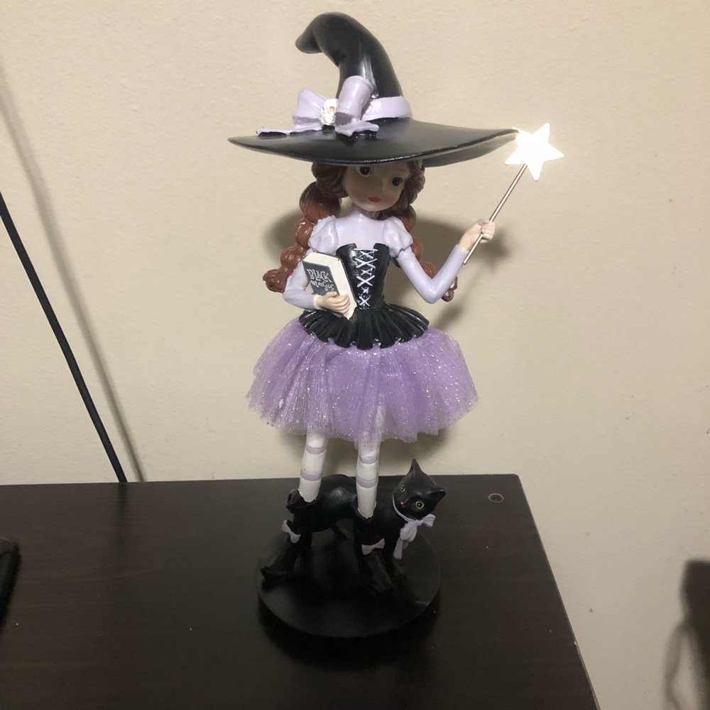 Whimsical Witch Figurine with Black Cat Wand Black Magic Book Halloween 15 Inch
